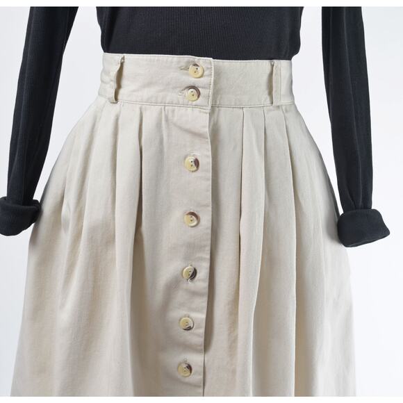 Vintage 90s Khaki Cotton Button Front Full Pleated Midi Skirt with Pockets S - Picture 4 of 7